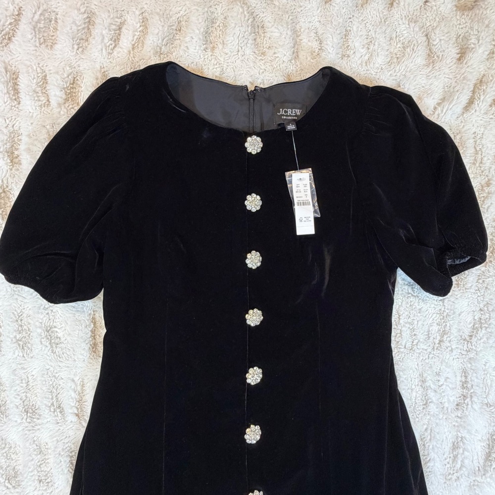 J.Crew Collection Black Velvet Crystal Button Puff Sleeve Shift Dress Size 8 NEW